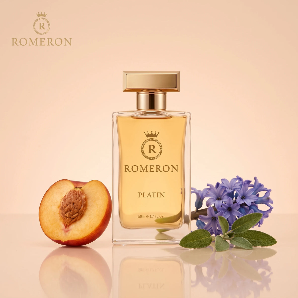 Дамски парфюм Romeron PLATIN 107, 50 мл, с нотки на нектарина, зюмбюл и градински чай